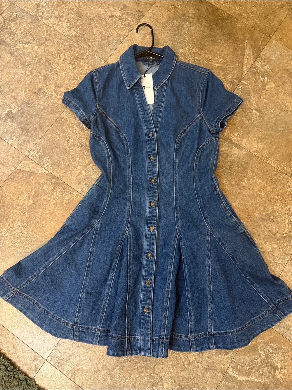 7 for all Mankind Fit and Flare Denim Button-Front Mini Dress - Blue - Picture 3 of 6